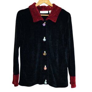 Vintage Black Tunic Cardigan Sweater M Red Trim Jewel Button Details Old Money